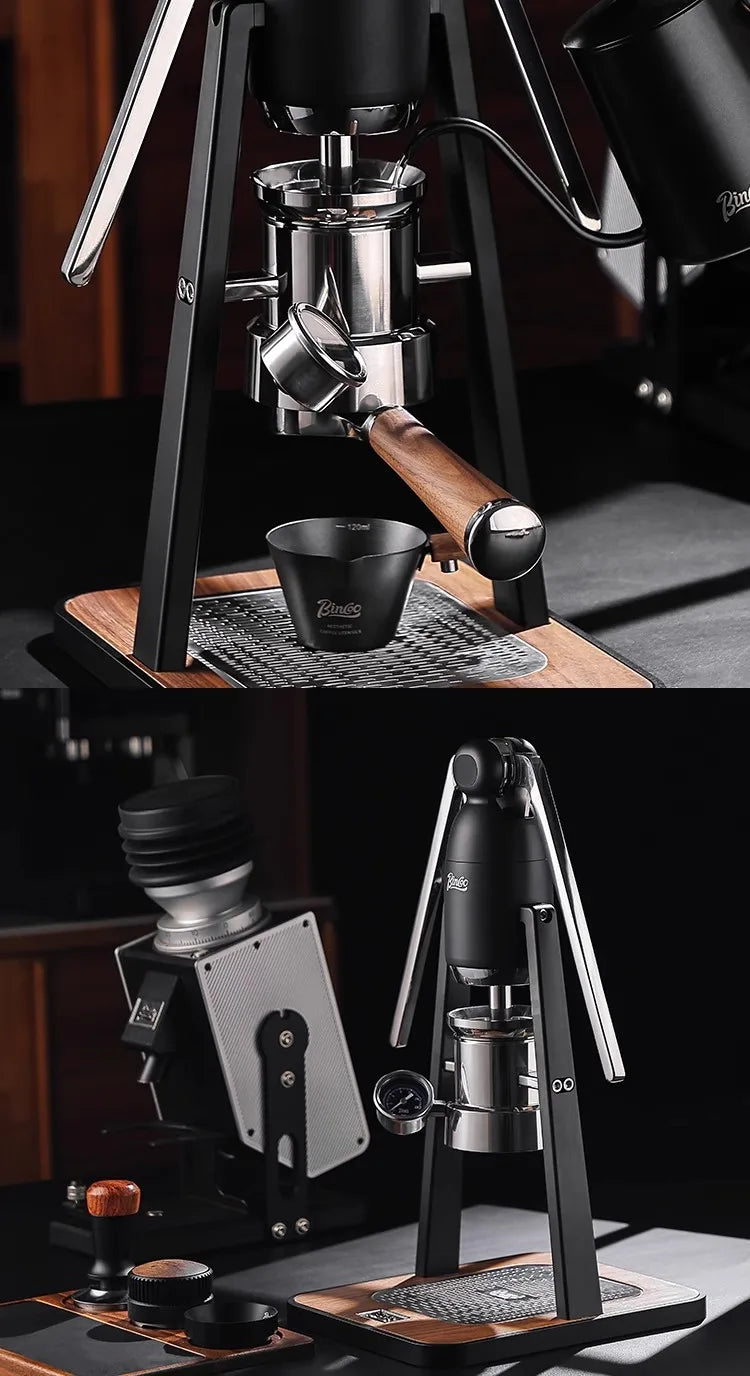 Bincoo manual espresso maker with black frame, stainless steel components, and wooden handle on a wooden base.