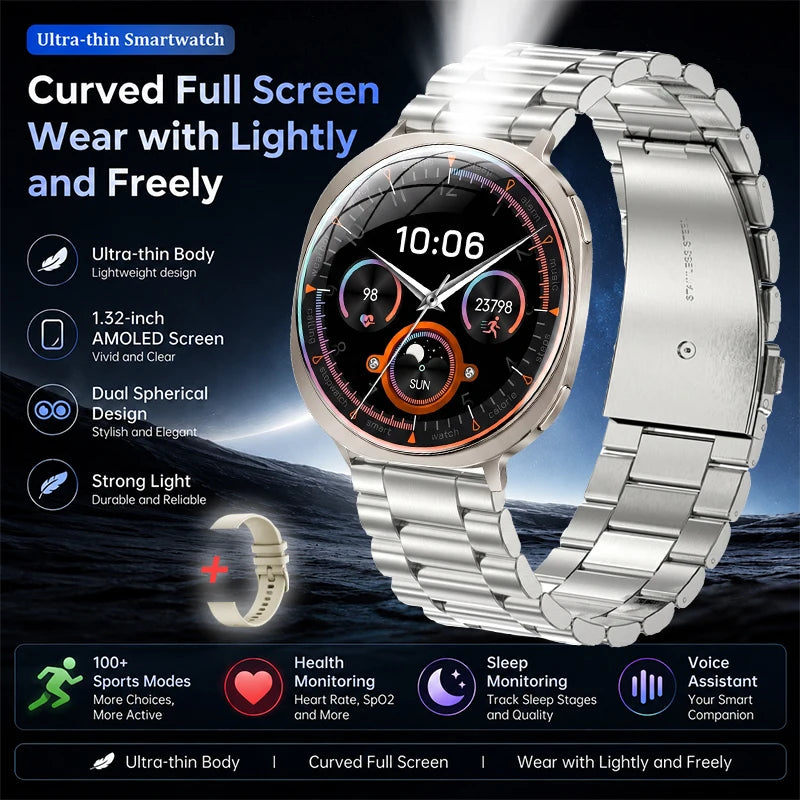 Round curved-screen smartwatch with silver metal link bracelet and orange watch face
