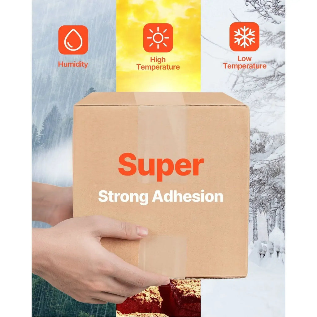 Clear packing tape applied to a cardboard box for strong adhesion, tape roll visible