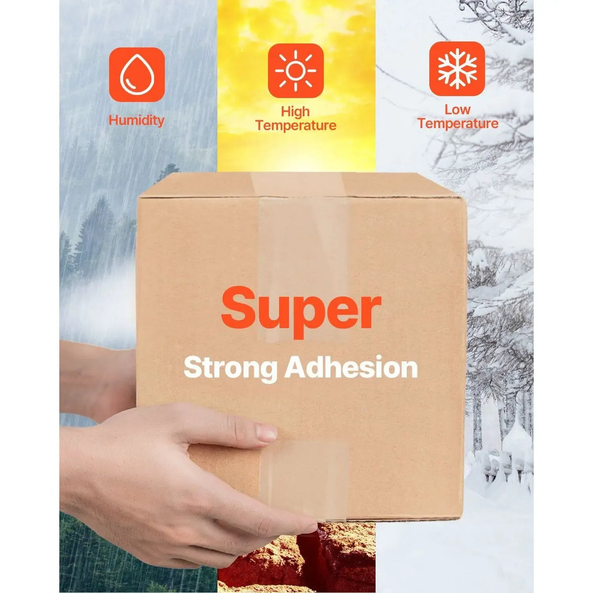 Clear packing tape applied to a cardboard box for strong adhesion, tape roll visible