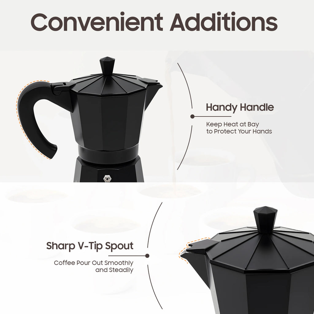 Black moka pot coffee maker with heat-resistant handle and V-tip spout for steady pouring.