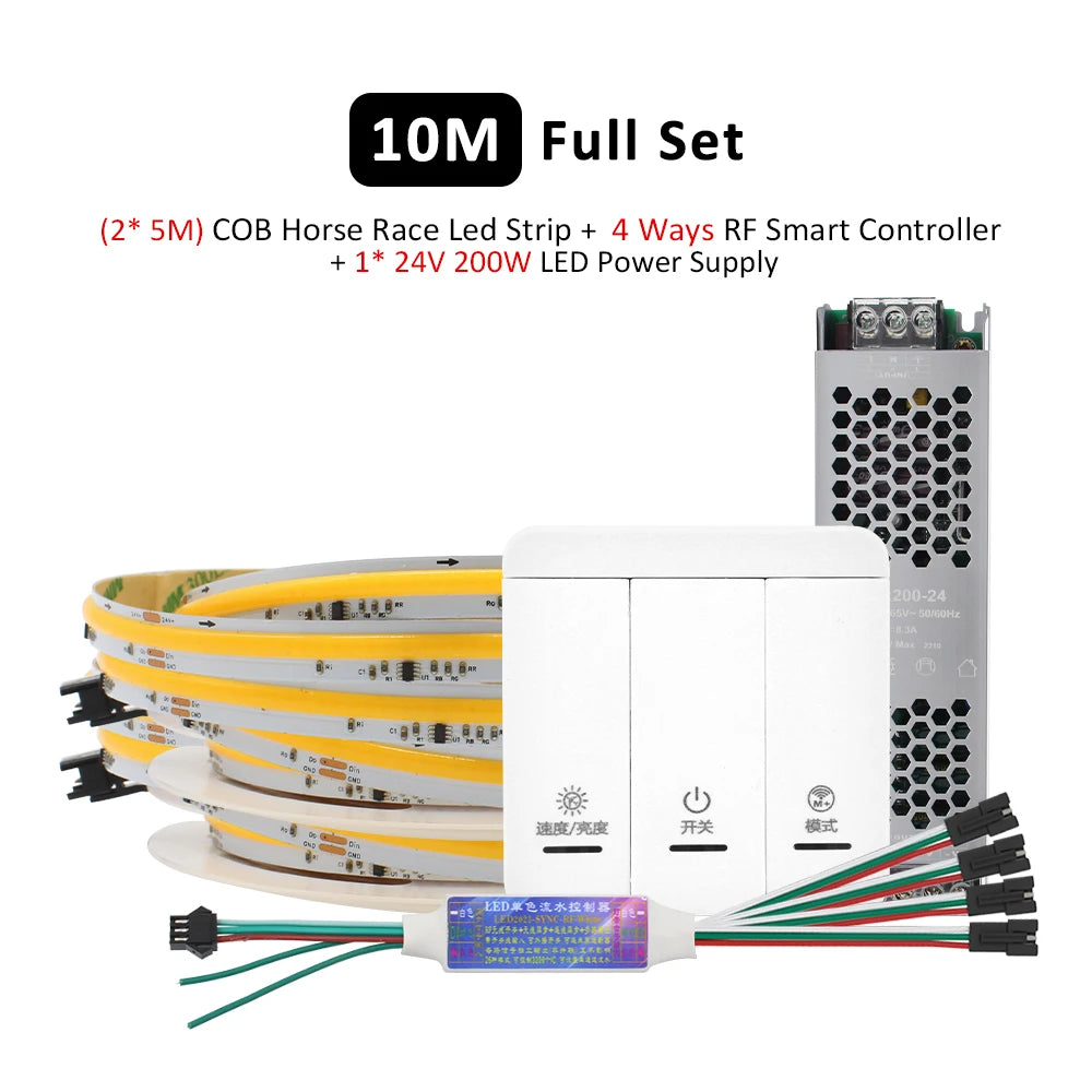 WS2811 COB LED strip light kit, 10M strips with 4-way smart controller and power supply