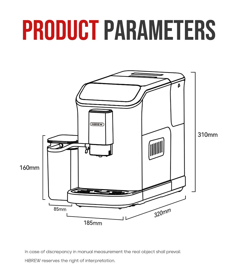 HiBREW coffee maker line drawing showing dimensions: 310mm height, 185mm width, and 320mm depth.