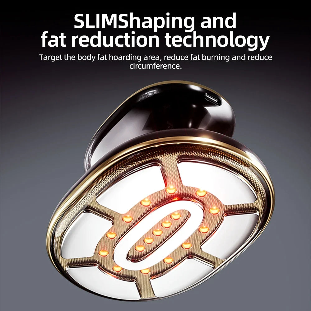 4-in-1 cordless body slimming massager with gold and black finish, featuring RF, EMS, and LED light therapy tech.
