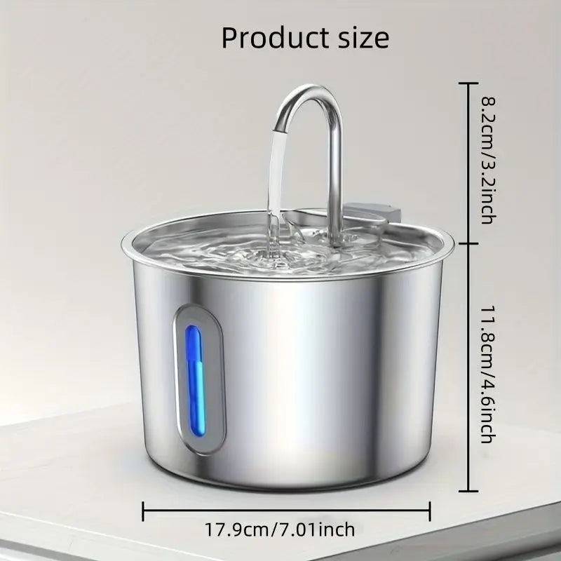 Stainless steel 2.2L smart pet water fountain for cats and dogs with water level window for clean, fresh hydration.