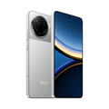 Silver Poco smartphone with a round triple-camera module and a sleek touchscreen, shown from front and back.