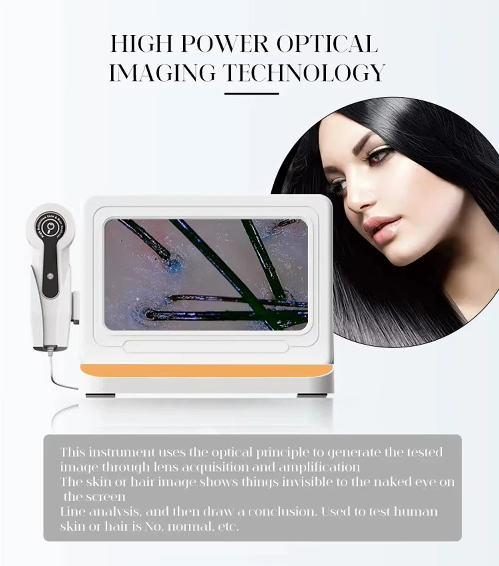 10-inch HD scalp microscope and hair analyzer device with handheld detector and screen for professional skin analysis.