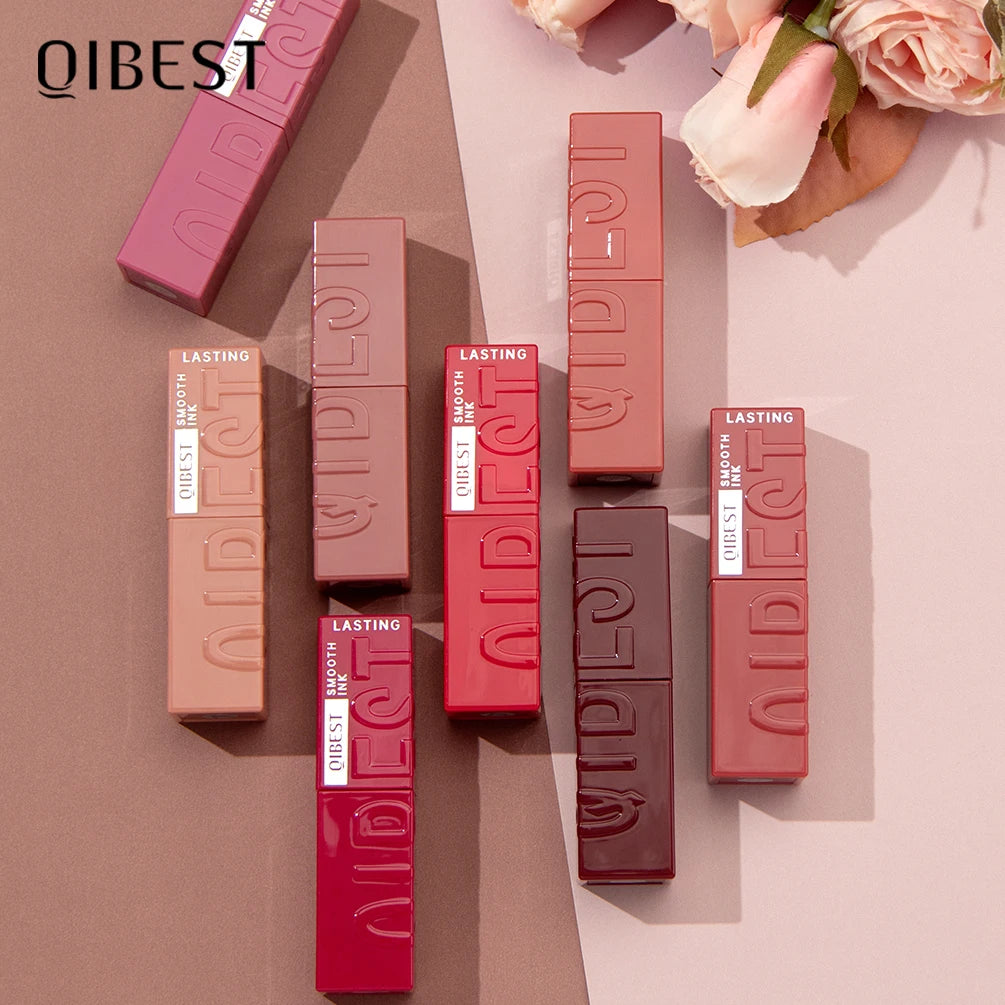 QIBEST glossy liquid lip stain set in various red and nude shades with a mirror finish for moisturizing lip makeup.