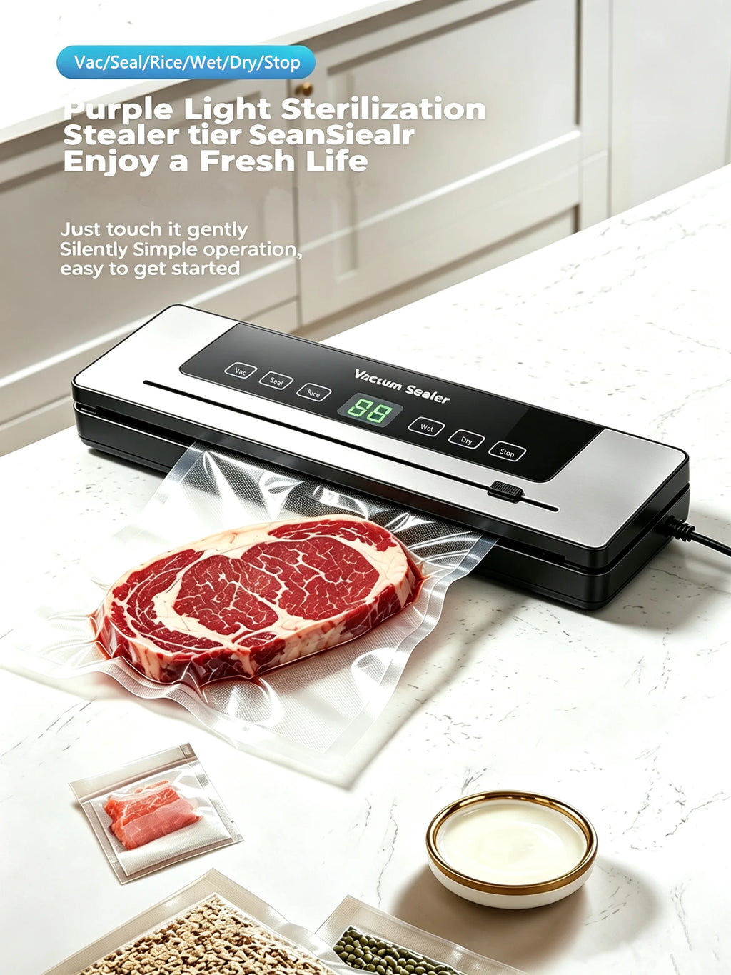 Electric Vacuum Sealing Machine Food Storage Sealing Touch Dry/Wet Built-in Cutter Kitchen Food Sealing Vacuum Packaging Machine