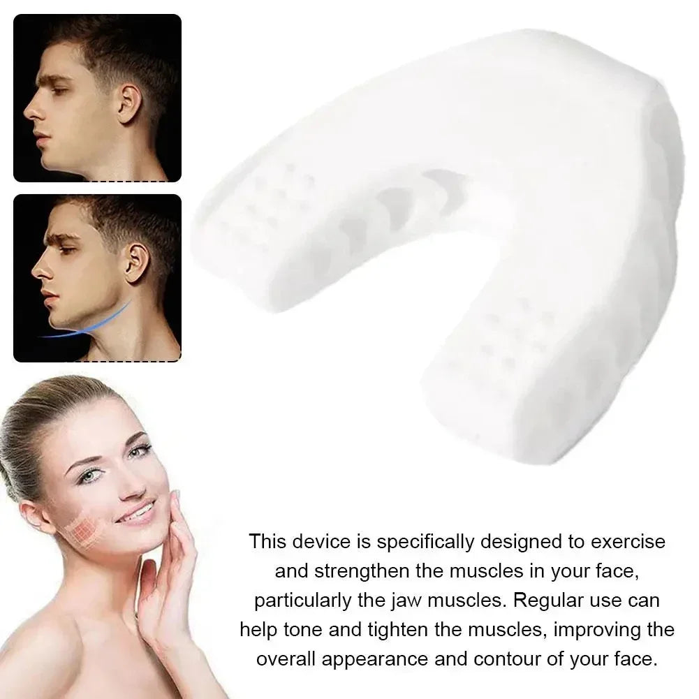 White, U-shaped silicone jawline exerciser for toning and strengthening facial muscles.