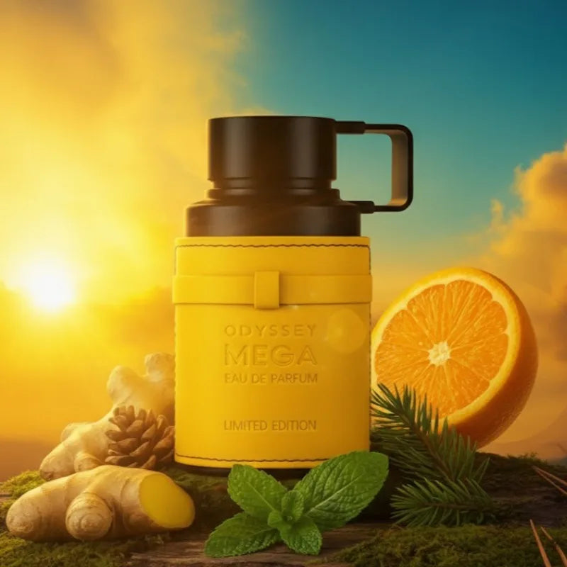 Armaf Odyssey Mega EDP for men: 100ml yellow leather-wrapped bottle, citrus, ginger, and pine notes. Dubai cologne.