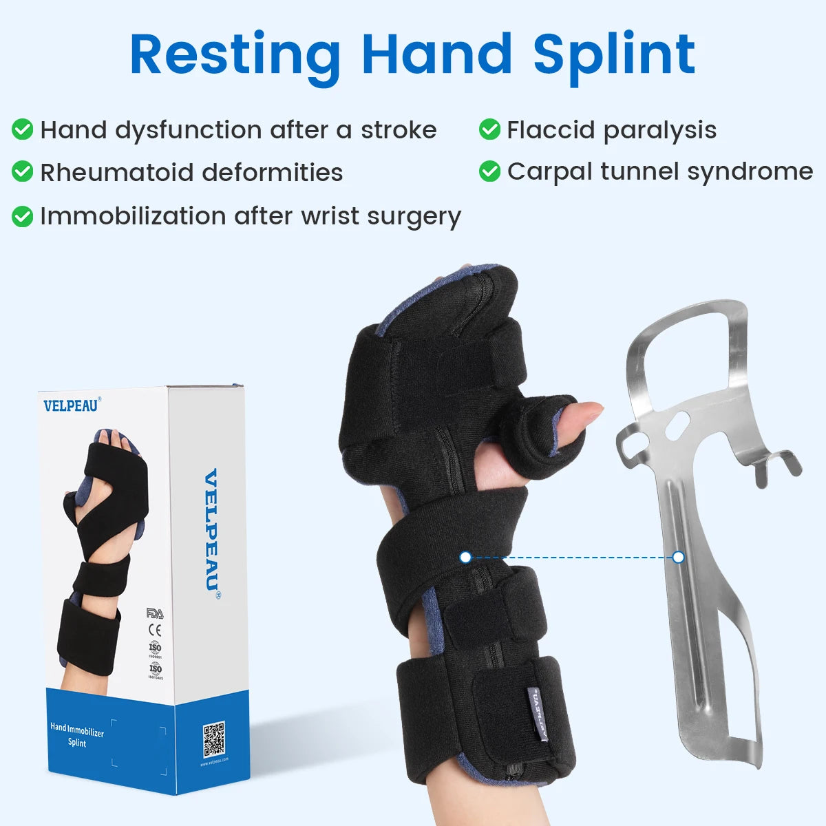 VELPEAU Hand Splint Adjustable for Carpal Tunnel Syndrome, Sprain and Arthritis, Wrist Brace Immobilizer Fixs Finger in Stroke