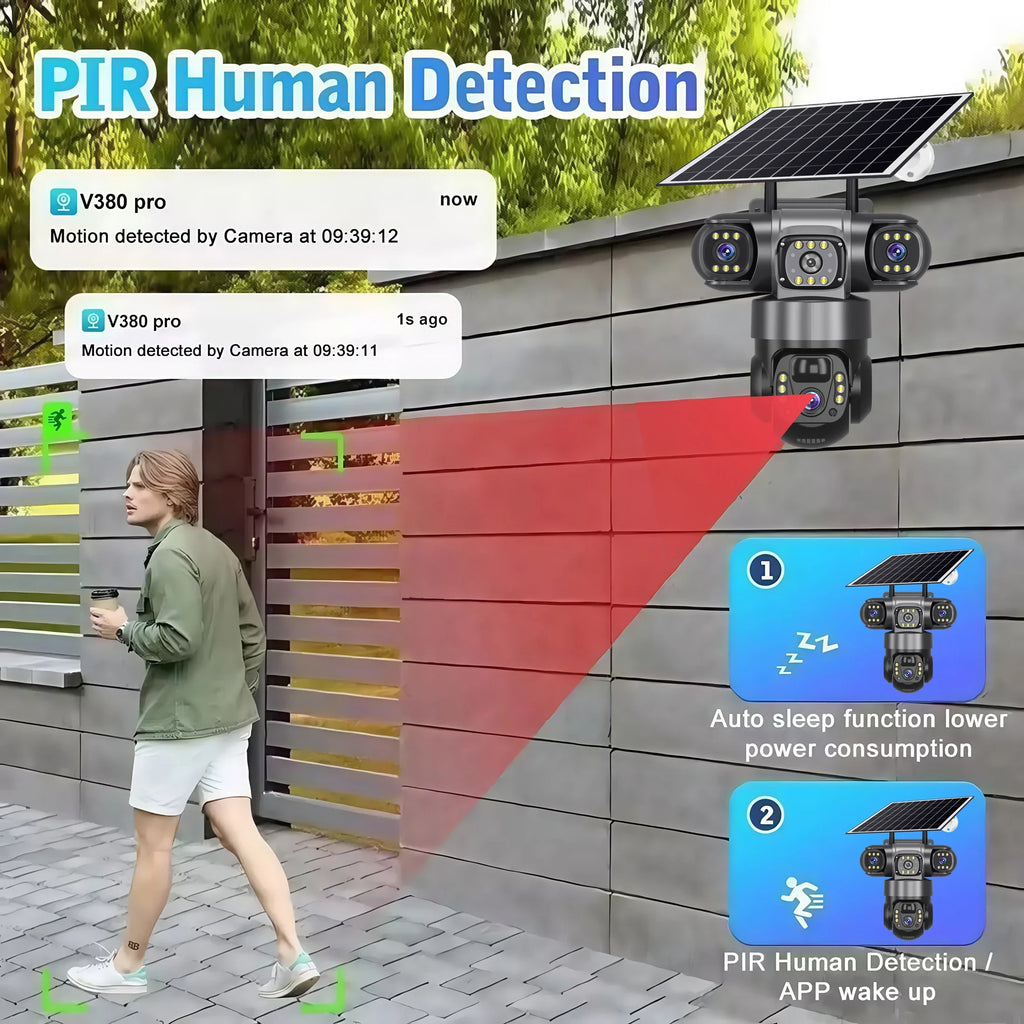 8K HD Solar Security Camera WiFi Wireless Outdoor Dual Lens Solar IP Camera PIR Human Detection Night Vision Battery CCTV Camera