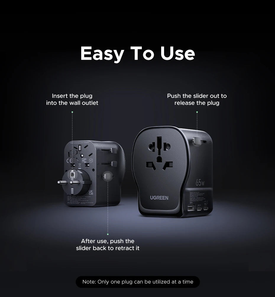 UGREEN 65W Universal Travel Adapter 2 USB-C 1 USB-A AC Socket GaN Charger Certified CE FCC UKCA TÜV For EU US UK Grounded Plug