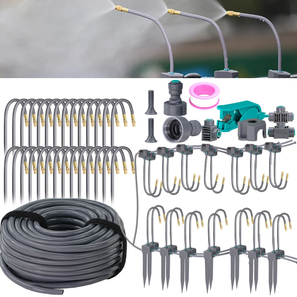 Garden misting irrigation kit with flexible gray tubing, brass nozzles, and quick-connect fittings