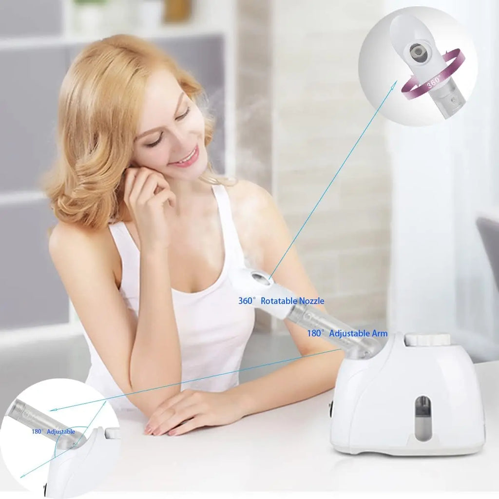 Woman using a white home facial steamer with 360-degree rotatable nozzle and 180-degree arm for deep skin cleansing.