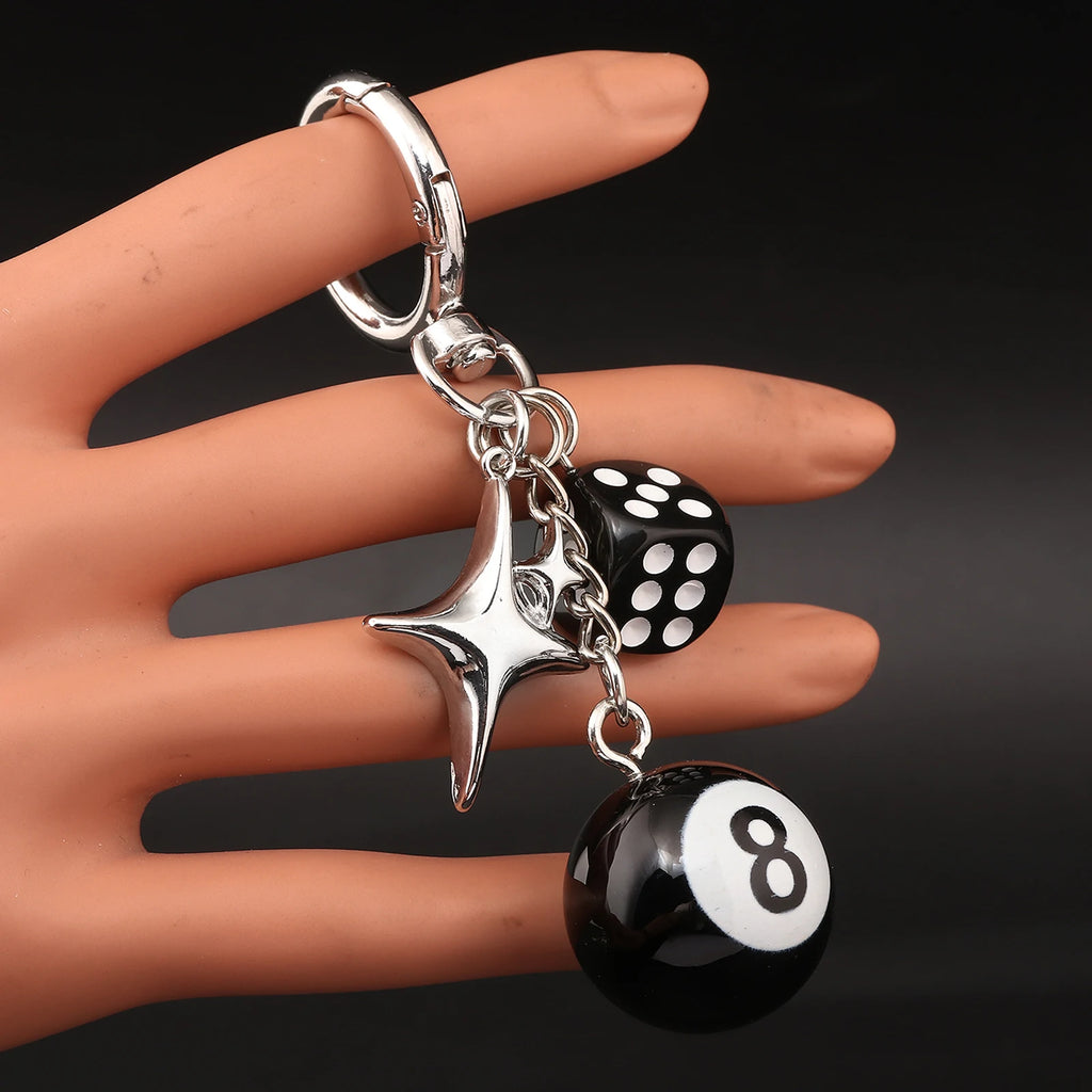 Punk Hiphop Black Dice No. 8 Billiards Keychain Y2K Pink Lucky Dice Starburst Pendant Bag Charms Hangings Ornament Accessories