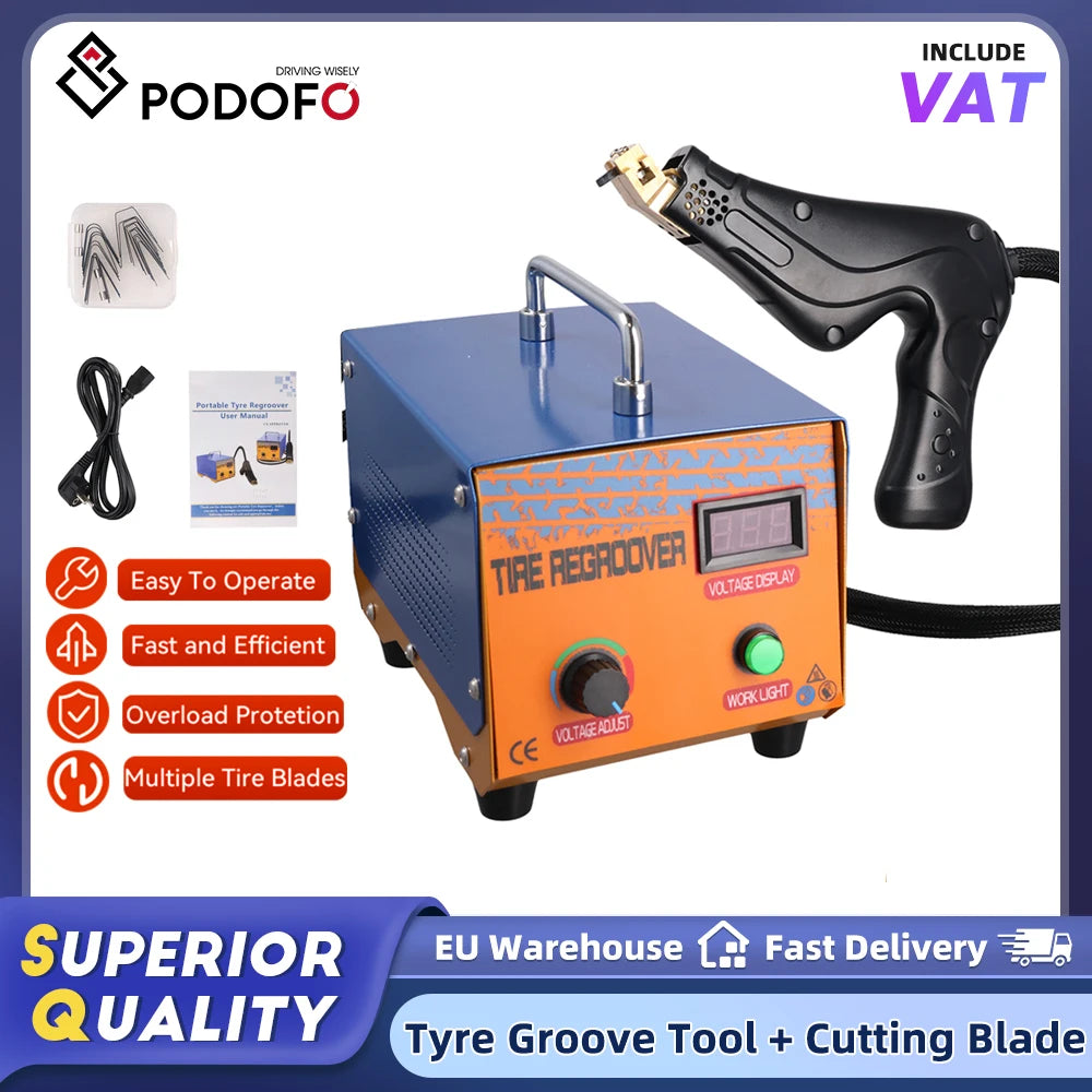 Podofo 1000W Tire Groover Machine Tyre Regrooving Iron Cutter Tool Kit Equipped With 10 Types Tire Cutting Blades For Rubber Tire Retread Work
