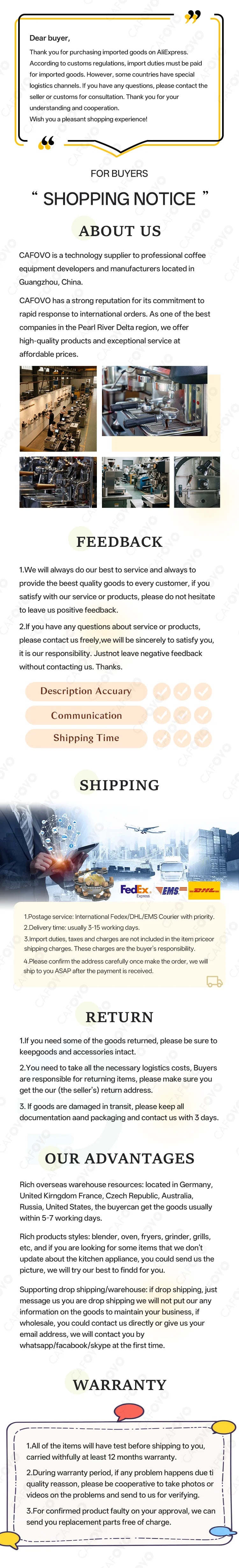CAFOVO professional coffee equipment manufacturer factory overview and business shipping information infographic.