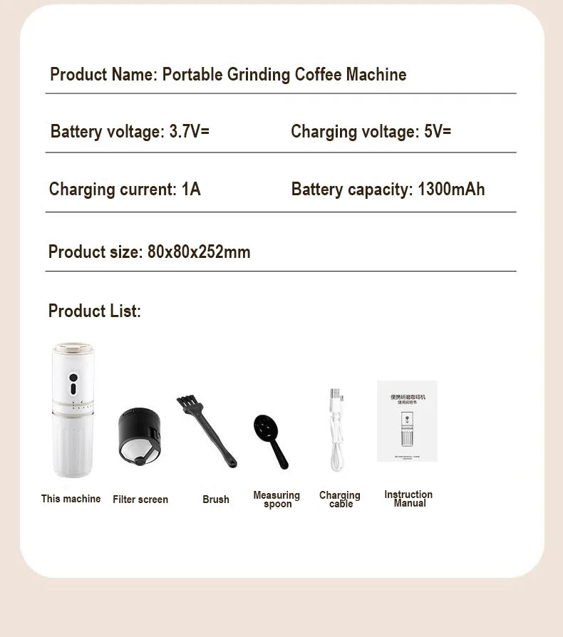 Portable white battery-powered coffee grinding machine set with filter, brush, spoon, and charging cable.