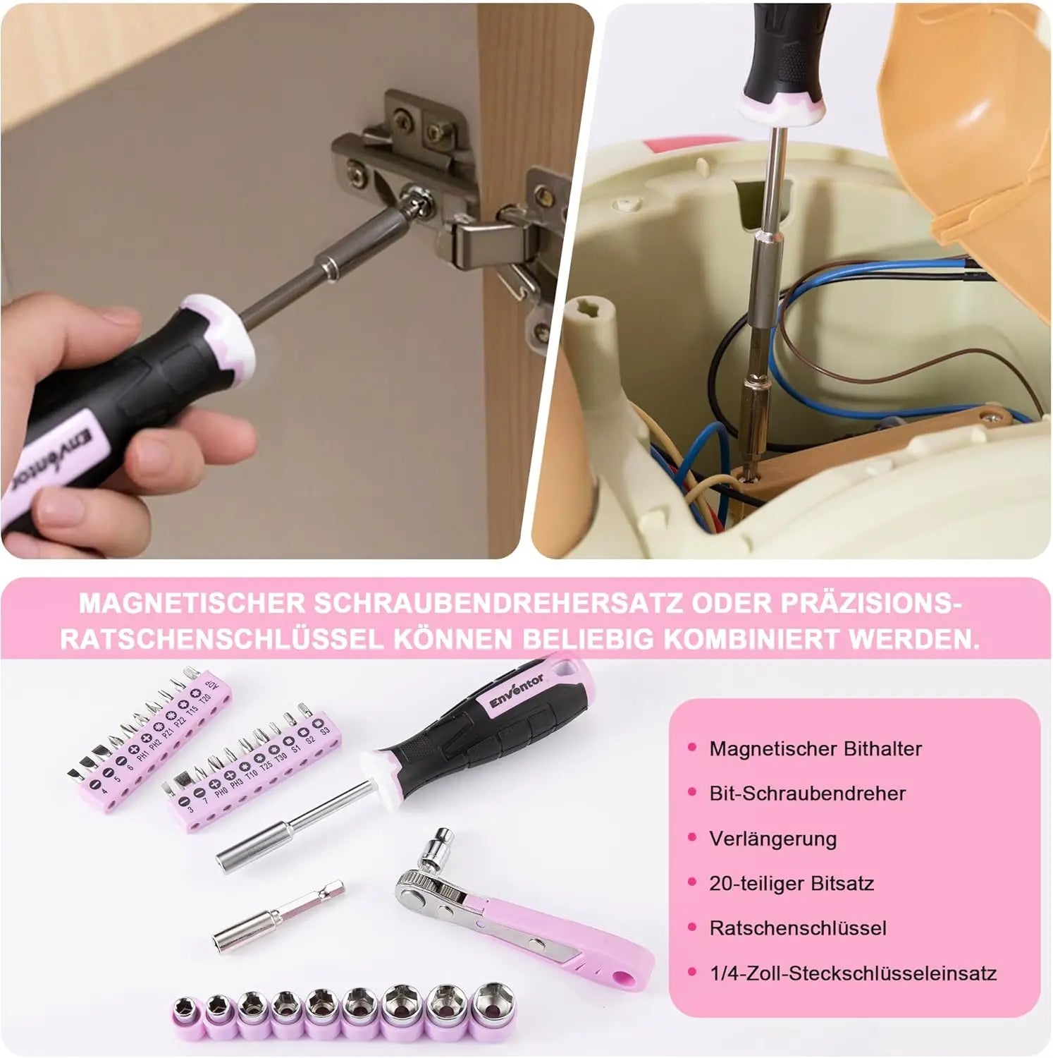 ENVENTOR Small Tool Case for Women, Household Tool Set, Tool Box Pink, Universal Complete with Tools Hand Tool, Tool Kit Fitted 158-Pcs, for Household DIY