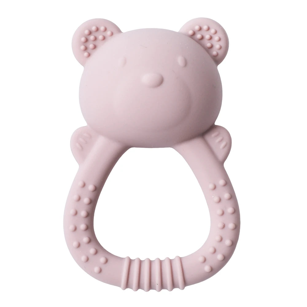 Pink bear silicone teething ring for soothing baby teething pain.