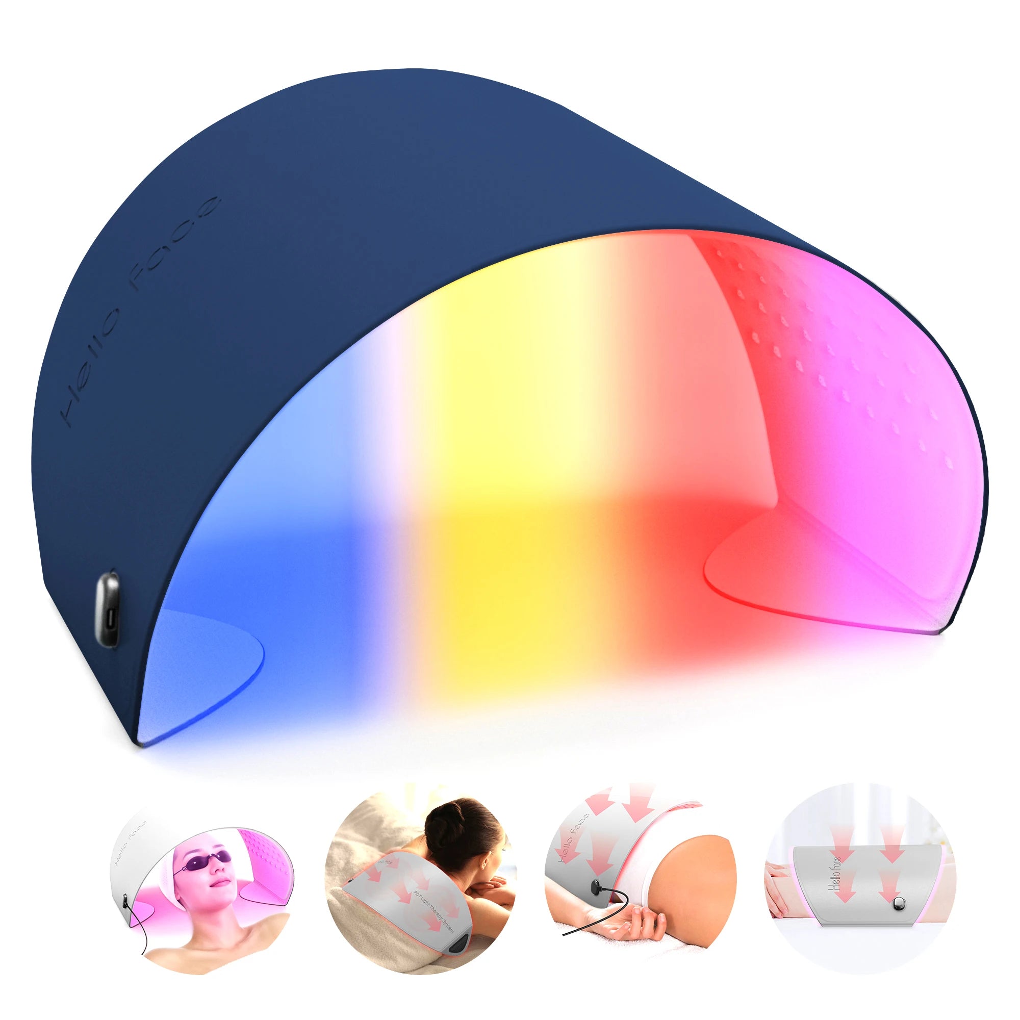 Dark blue arched LED light therapy device for face and body, shown with colorful glow and small usage examples below.