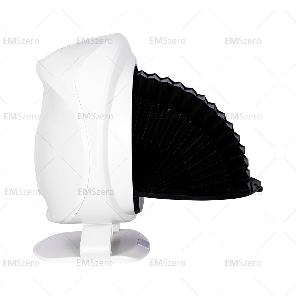 White smart facial skin detection and analysis instrument with black hood for professional anti-aging skin scanning.