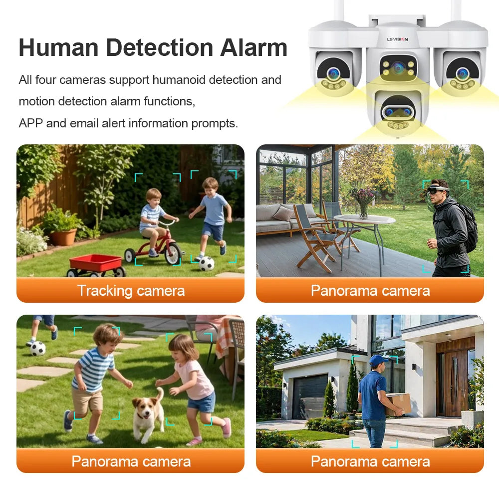 LS VISION 20MP 10X Zoom Three PTZ WiFi Security Camera Outdoor Four Screens 5-Lens Auto Tracking PC Client CCTV Cam Okam Pro App