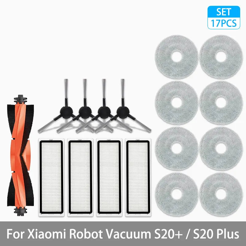 Tidesmit replacement parts set for Xiaomi Robot Vacuum S20+ including main brush, side brush, filter, and mop cloth