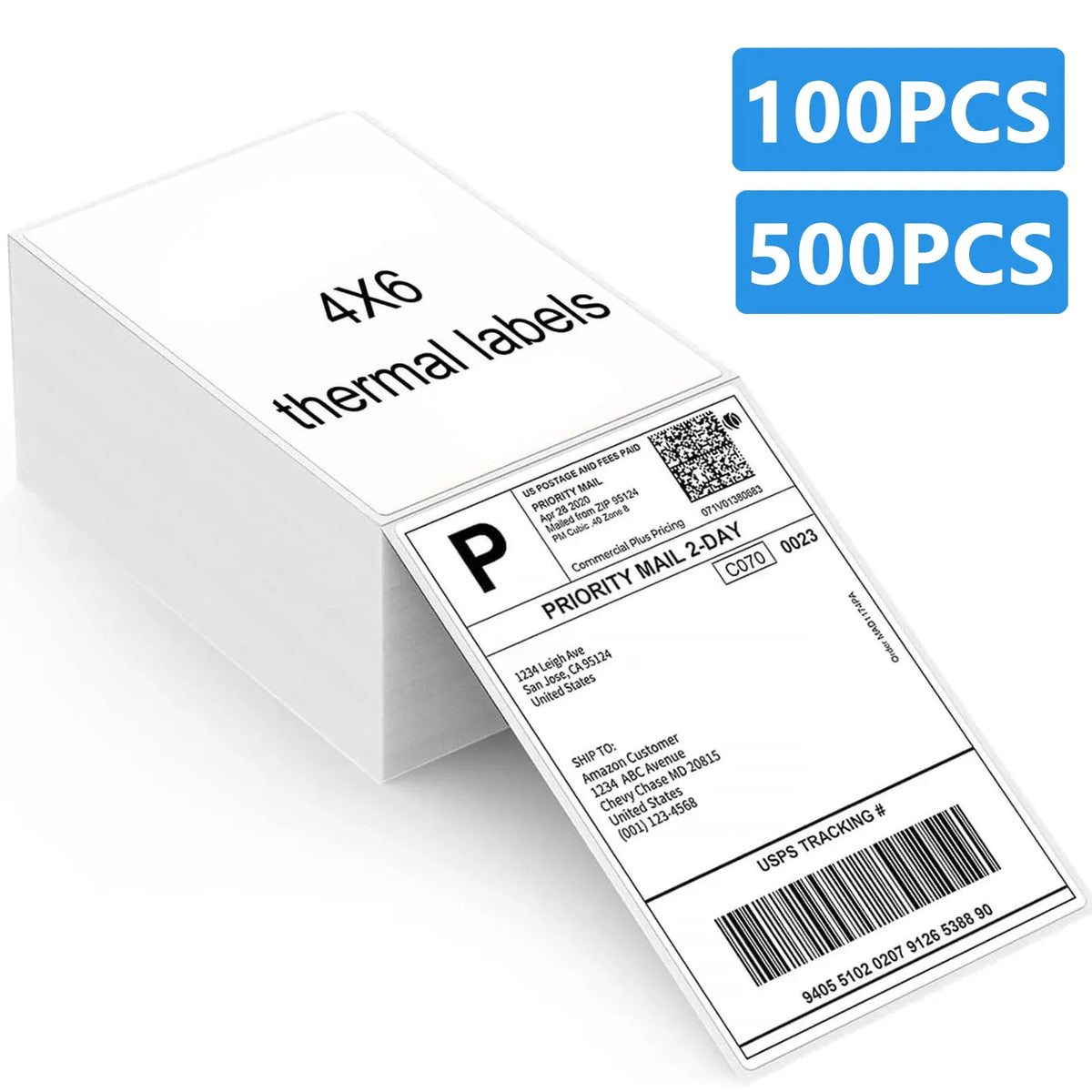 4x6 thermal shipping labels paper, 100 or 500 pcs pack, white sheets with barcode labels