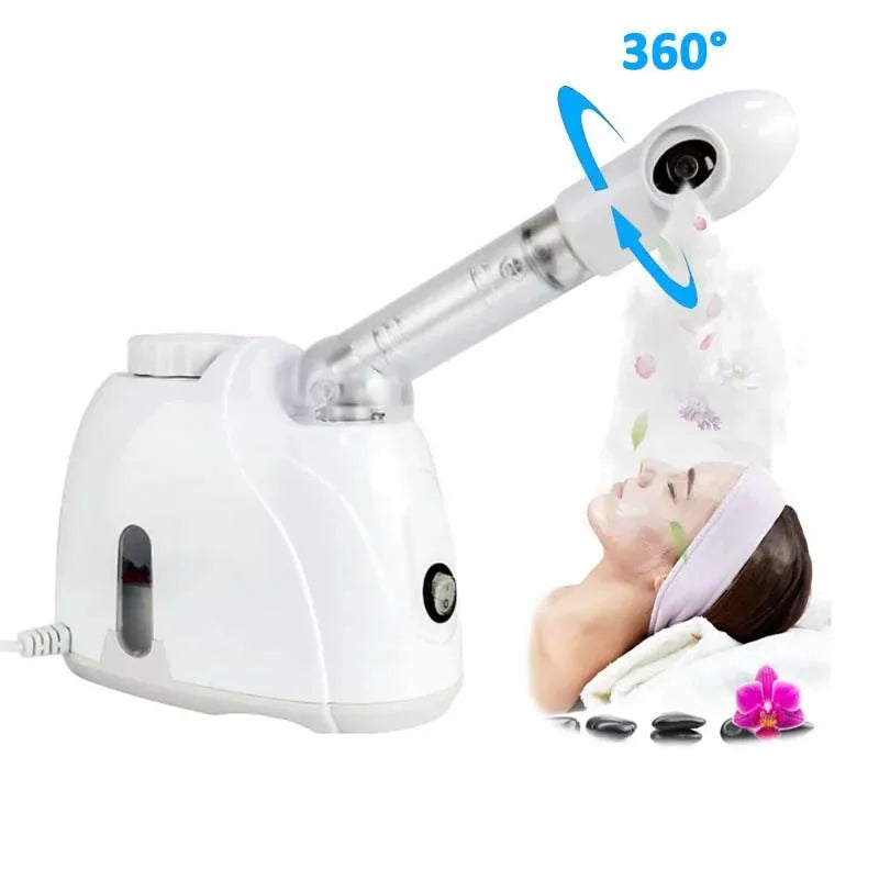 White professional facial steamer with 360-degree rotating nozzle for nano ionic spa treatment at home.
