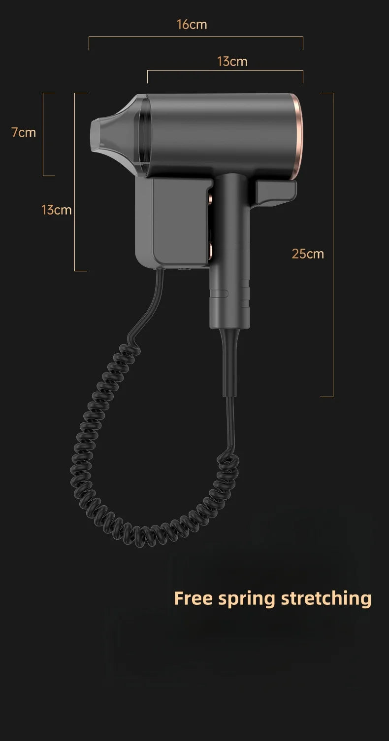 Wall-mounted matte grey hotel hair dryer with coiled cord, nozzle attachment, and 2024 ionic hair protection design.