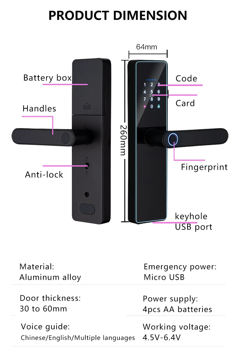 2026 New WiFi Tuya APP Smart Door Lock Remote Unlocking Digital Electronic Smart Home Wooden Door Lock Fingerprint Sound Quiet