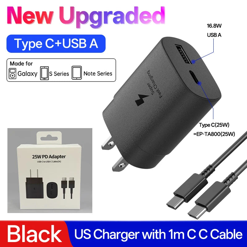 Samsung 25W USB-C Fast Charger Adapter - EU & US Plug Options Black 25W US Set Tidesmit