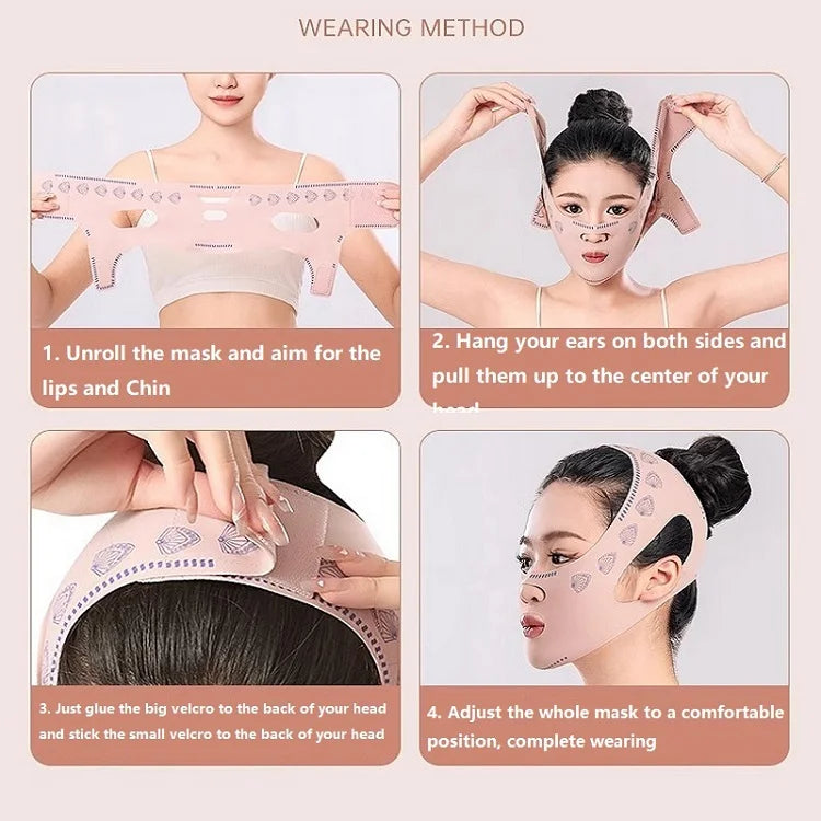 Pink double chin slimming mask with Velcro, showing step-by-step face lifting bandage application for V-line shaping.