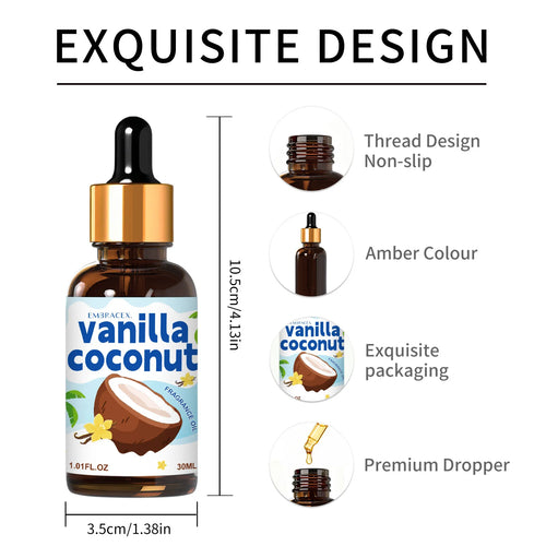 Amber glass vanilla coconut essential oil bottle with dropper for aromatherapy and wellness.