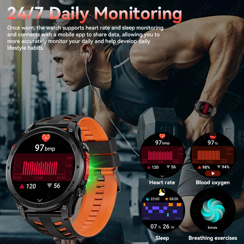 LIGE 2026 New GPS Path Smart Watch 530mAh Battery IP68 Waterproof Sports Run Tracker BT Call Outdoor Compass Military Smartwatch