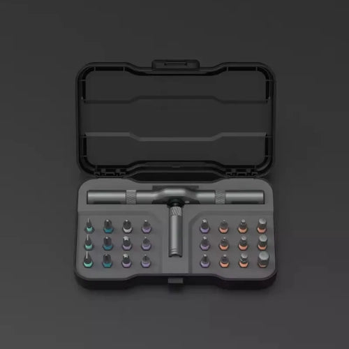 Multi-purpose ratchet screwdriver bits set in black case with molded bit trays, open
