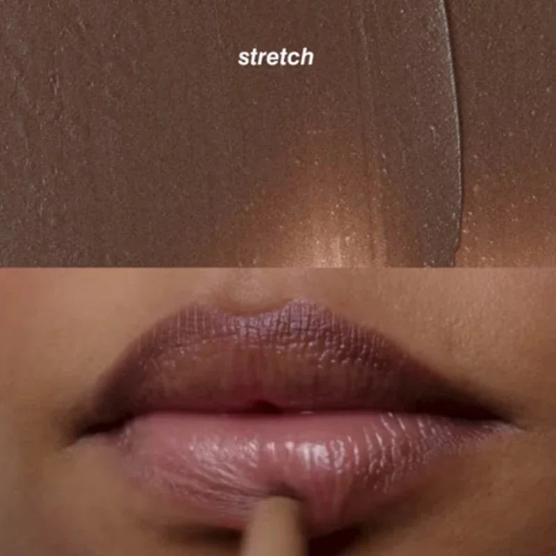Rhode Skin Peptide Lip Liner in Stretch: creamy, long-lasting nude brown tint swatch and application on lips.