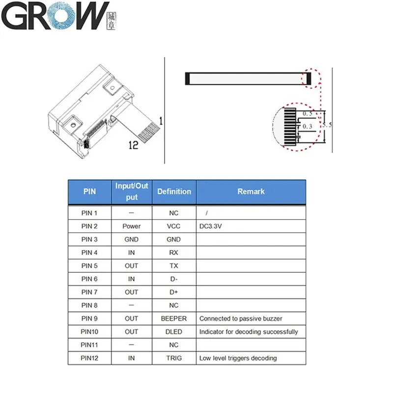 Barcode scanner module pinout diagram with pin definitions table