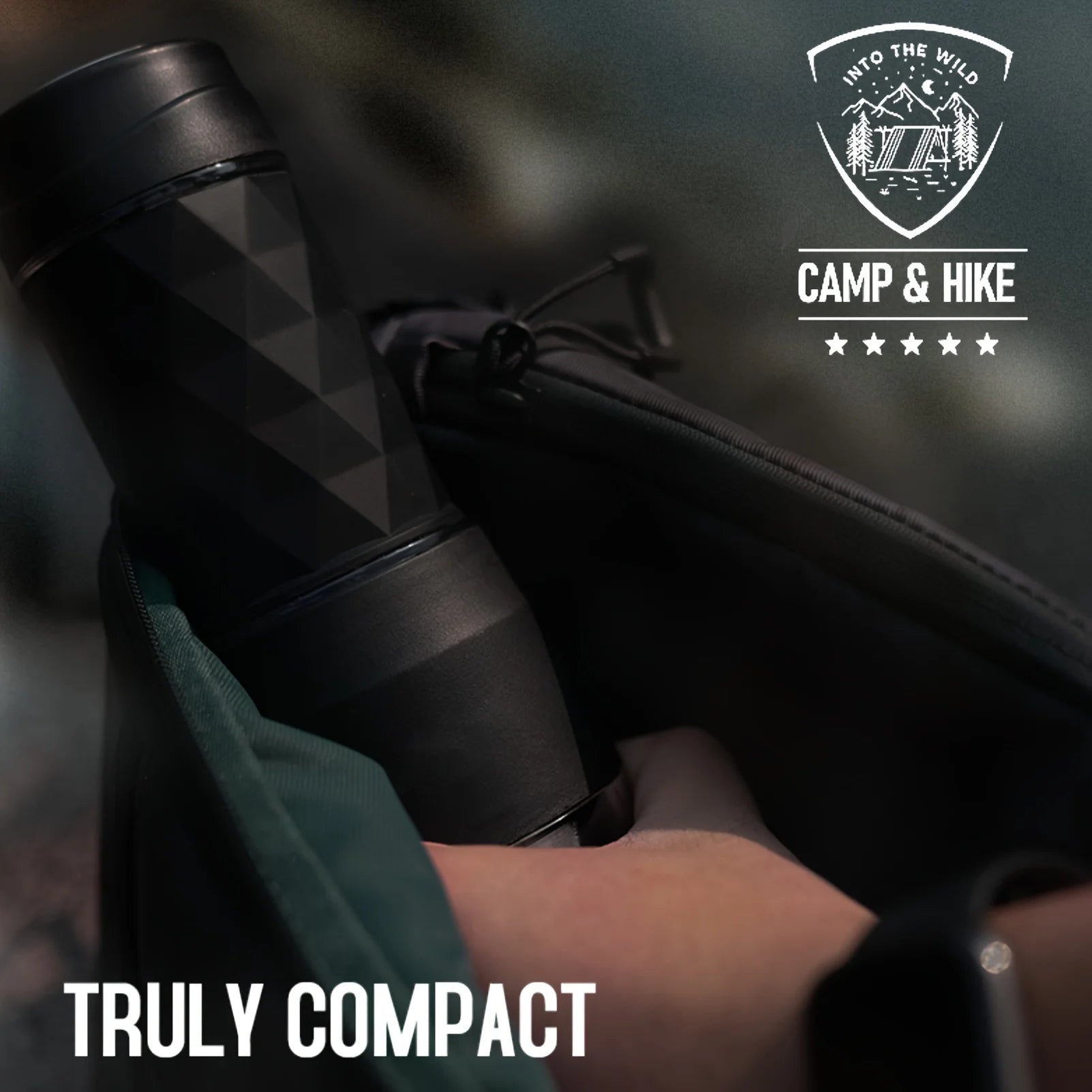 Compact black geometric travel coffee maker in a backpack, ideal for Camp & Hike outdoor adventures.