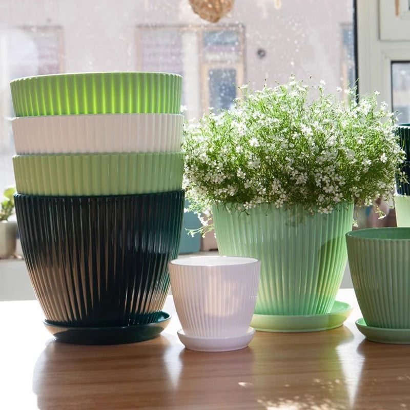 Ribbed plastic plant pots with trays in white and green tones, plus dark pot in back