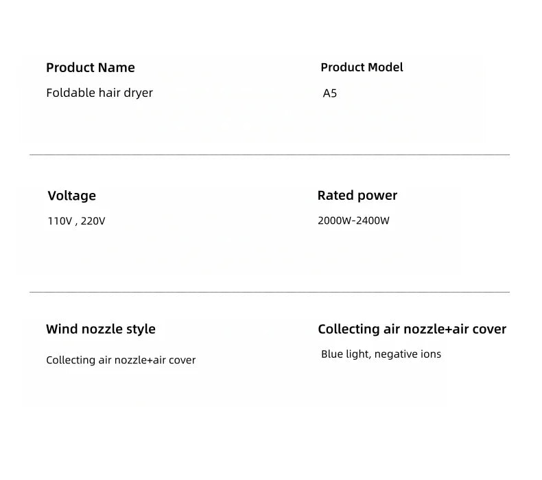 2400W foldable ionic hair dryer, model A5 with blue light, nozzle, and air cover for professional salon-style drying.