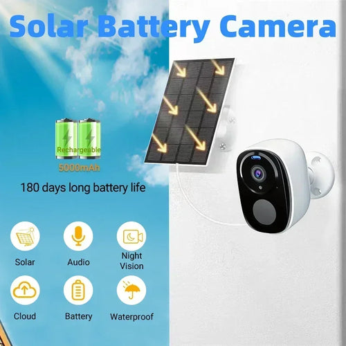 Solar-powered security camera with white housing, black lens window, wall mount