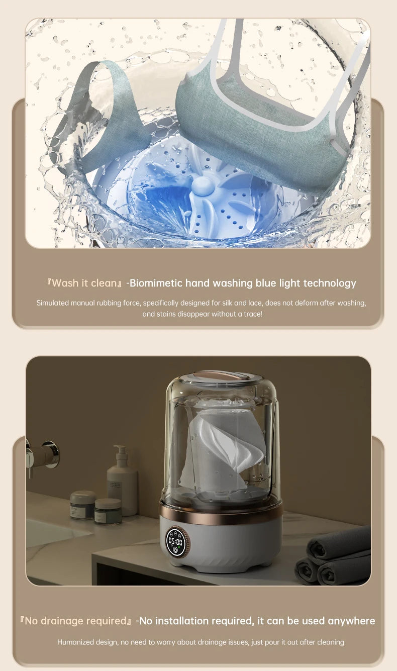 Tidesmit 2L portable wireless washing machine with laundry cup for baby clothes, side profile view of mini washer