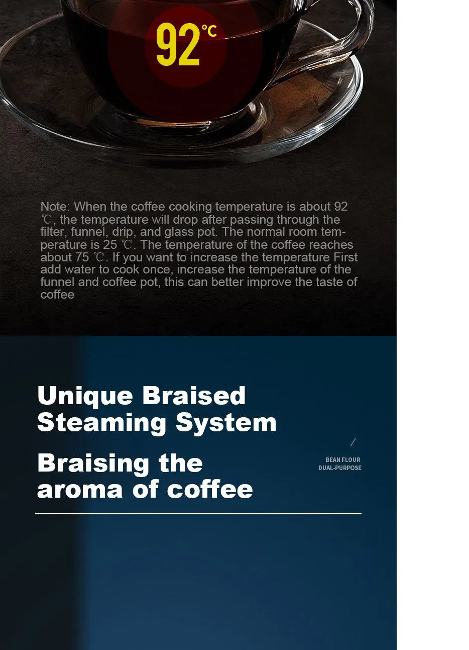 Glass coffee maker showing a 92°C brewing temperature for an optimal braised steaming process and rich coffee aroma.