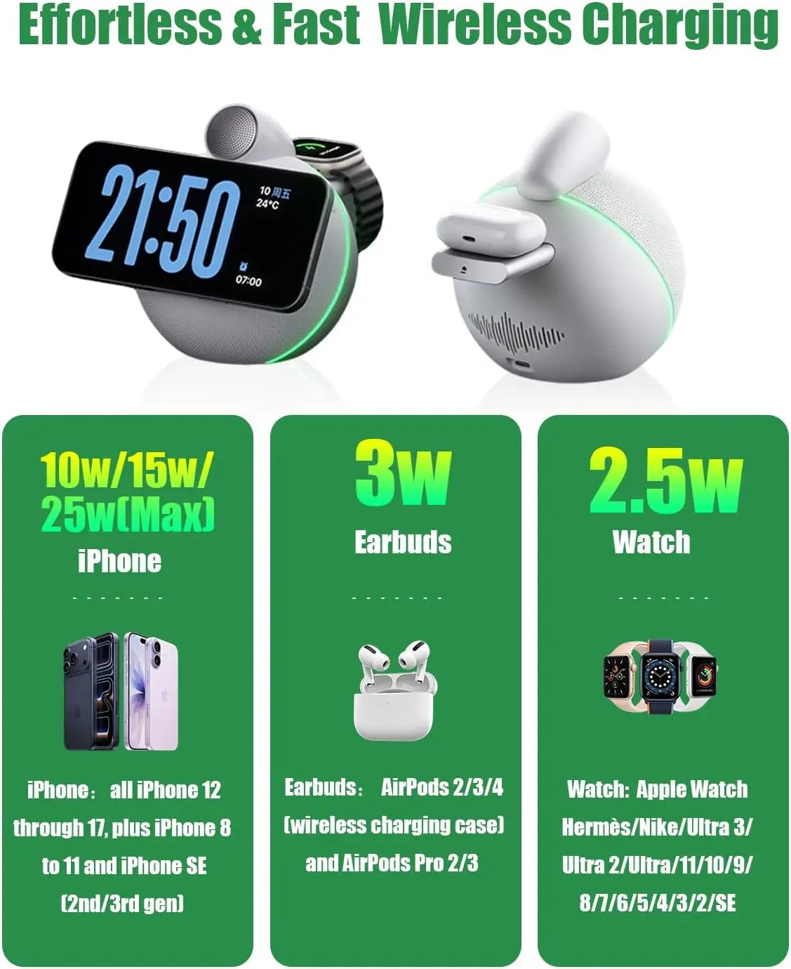 Bluetooth 5.3 Hi-Fi Speakers & Soft Ambient Lights 4-in-1 Qi2.2 25W Magnetic Wireless Charger for iPhone Apple Watch Airpods Pro