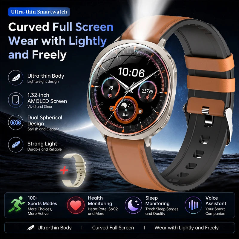 Round curved-screen smartwatch with orange leather strap and multi-color watch face