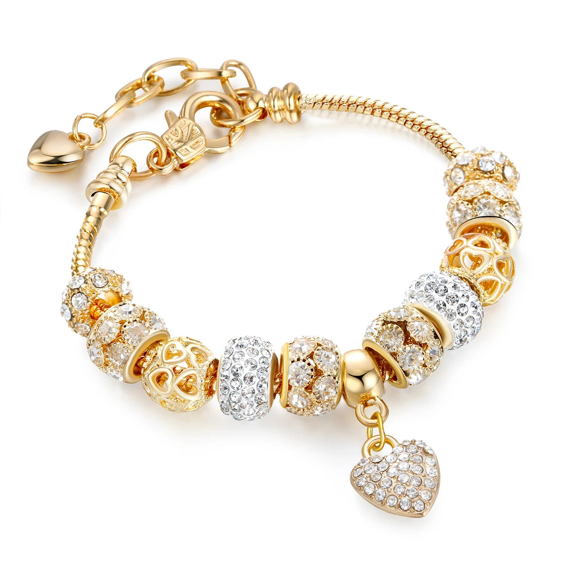 Tidesmit gold-tone charm bracelet featuring crystal-encrusted beads and a dangling heart pendant on a snake chain.